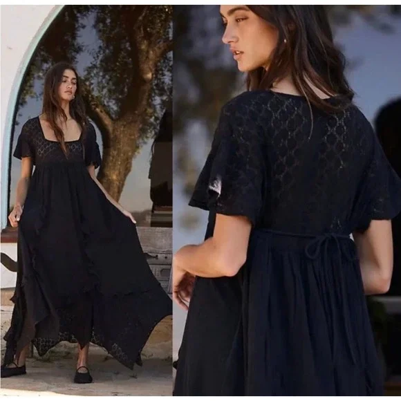 Free People Black Lace Maxi Bring the Romance Dress Large Boho Ruffle - Picture 1 of 5